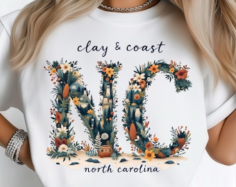 North Carolina Floral Letter Png State PNG: Sublimation Design Dtf Tshirt Png Digital Download, Country Coastal Nature Illustration