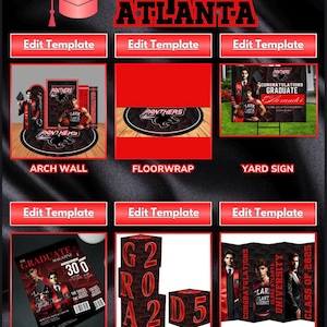 May include: A set of graduation party decorations featuring a red and black colour scheme with the words "Clark Atlanta" and "Panthers". The decorations include a floor wrap, yard sign, arch wall, magazine, cubes, and an accordion wall.