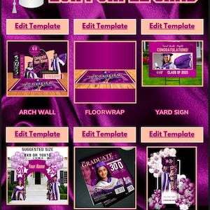 May include: A purple and white graduation party decoration set with different options for displaying photos and messages. The set includes a yard sign, arch wall, floor wrap, entryway, magazine, and grab and go decorations. The decorations feature the text "Class of 2025" and "Congratulations!"