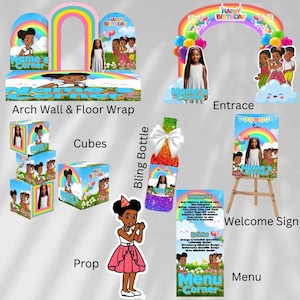 May include: A rainbow-themed birthday party decoration set featuring a backdrop, arch, welcome sign, cubes, a bling bottle, and a prop. The set includes a personalized name banner with the text "Name's Corner".