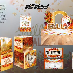 以下が含まれることがあります： 秋のテーマの秋のフェスティバルパーティーの装飾。装飾には、「FALL」という大きな看板、ギフトバッグには「hello FALL」が印刷され、3つの立方体の箱には秋のテーマのデザインが施されています。箱には「Sweater Weather」と「hello FALL」が印刷されています。また、「allVibe」が印刷されたウォーターボトルと、「FALL FESTIVAL」が印刷されたチョコレートバーの包装紙もあります。