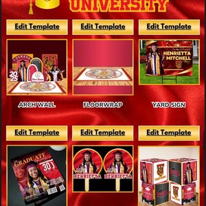 May include: A collage of different graduation party decorations featuring the Tuskegee University logo. The decorations include an arch wall, floor wrap, yard sign, magazine, fan, and cubes. The decorations are all in the school colors of gold and maroon.