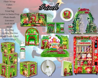 May include: A collection of Grinch-themed party supplies, including a floor wrap, cubes, a plate, a treat bag, a letter to Santa prop, a photo booth, an entrance arch, a vending machine, a water bottle label, and napkin rings. The items feature the Grinch, Santa, and Christmas-themed designs.