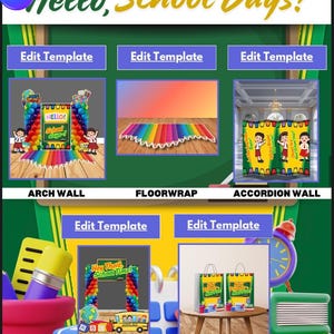 Puede incluir: Imagen promocional para decoraciones de fiestas temáticas escolares. La imagen presenta varias plantillas, incluyendo una pared de arco, una envoltura de suelo, una pared de acordeón, un marco para selfies y bolsas de regalo. El texto "Hello, School Days!" se muestra en la parte superior.