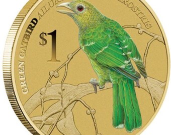 Moneda de Tuvalu de 1 dólar australiano, Pájaro Cantor Verde, PNC 2013, coloreada, UNC