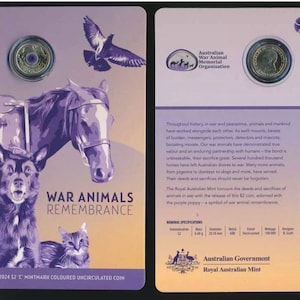 2024 Dólar Australiano 2 Purple Poppy “C” Mint Mark War Animals Remembrance Moeda Colorida em Cartão RAM