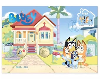 Sobre postal numismático de edición limitada de 2 monedas Bluey 2024 (PNC) con moneda de color Bluey extremadamente rara