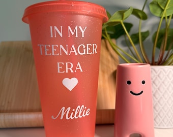 Vaso reutilizable con purpurina, color rosa palo, personalizado. Regalos para adolescentes de 13 años. En mi época adolescente.