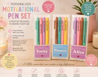 Bolígrafos personalizados para fiestas / Paquete de 4 bolígrafos motivacionales / Regalo para bolsas de fiesta infantil / Recuerdo de fiesta de cumpleaños / Regalo con nombre personalizado