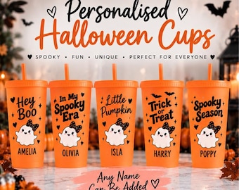 Vaso personalizado de Halloween con purpurina y pajita / Vaso naranja espeluznante / Vaso con nombre personalizado y diseño de fantasma / Regalo de Halloween / Vaso para bebidas frías de 710 ml