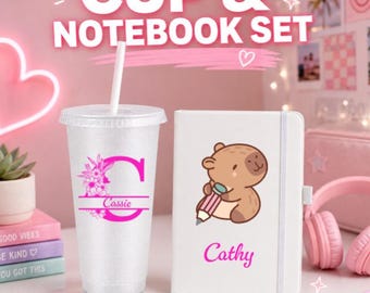 Juego de taza personalizada y cuaderno Capybara, vaso y diario con nombre personalizado, set de regalo de taza con inicial, regalo personalizado para ella, regalo para adolescente