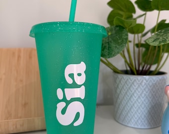 Vaso reutilizable verde con pajita / Vaso personalizado para bebidas frías / Vaso con purpurina / Elige tu color / Personalízalo para cumpleaños, fiestas o regalos.