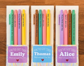 Regalo positivo personalizado para un amigo/a / Set de bolígrafos motivacionales / Paquete de 4 bolígrafos con frases / Un pequeño detalle para animar a alguien