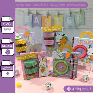 May include: Four printable Easter gift box templates featuring a bunny, a jar, and a Play-Doh container. The boxes are decorated with pastel colors and polka dots. The text "HAPPY Easter" is on one of the boxes.