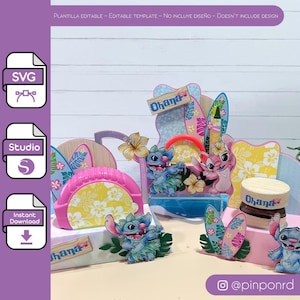 Puede incluir: Colección de coloridos recortes de papel en capas con los personajes Stitch y Angel de Lilo & Stitch. Los diseños incluyen tablas de surf, patrones florales y la palabra "Ohana". La imagen también incluye iconos de archivos SVG y Studio.