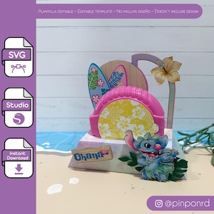 Puede incluir: Una manualidad de papel con temática tropical rosa y amarilla con un personaje de dibujos animados. El diseño incluye tablas de surf, una flor y la palabra "Ohana". La imagen también presenta el texto "SVG", "Studio" y "Instant Download".