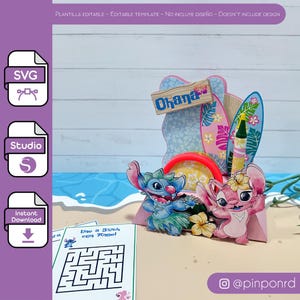 Puede incluir: Un diseño de manualidades en papel rosa y azul con los personajes Stitch y Angel, tablas de surf y la palabra "Ohana". Incluye un juego de laberinto y el texto "Une a Stitch con Angel". Es una plantilla para un proyecto de manualidades.