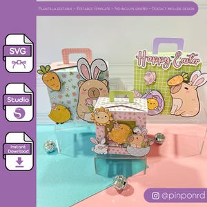 Puede incluir: Tres cajas de regalo de Pascua imprimibles con diseños de conejito, pollito y girasol. Las cajas están decoradas con colores pastel y patrones florales. El texto "Happy Easter" está en una de las cajas.