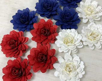 Red White and Blue Paper Flowers 12pk, Grad Cap Flowers, Rolled Paper Flowers, Dahlias, Americana Decor