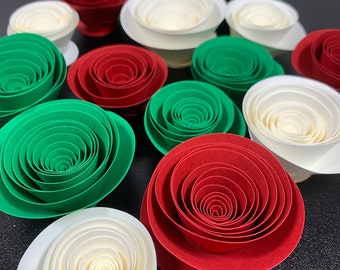 Red White and Green Paper Flowers 15pk - Varying Sizes, Loose Paper Roses, Rolled Paper Flowers, Mexican Decor, Floral Decor