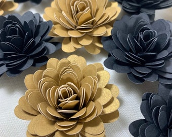 Black and Gold Paper Flowers 12pk, Black and Gold Table Decorations - 40th, 50th, 60th Birthday Table Decor, Wedding/Anniversary Table