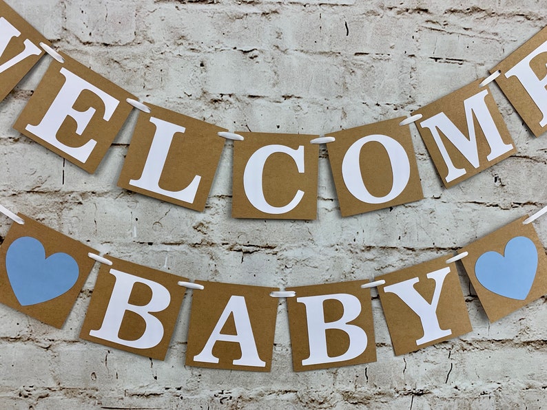 Rustic Baby Shower Banner Gender Reveal Baby Boy Shower Banner or Baby Girl Shower Banner Blue or Pink Welcome Baby Banner