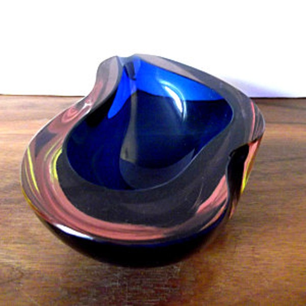 Midcentury Modern Italian Murano Blue, Red Art Glass Bowl Ashtray, Flavio Poli