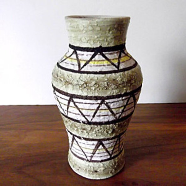 Vintage Italian Art Pottery Vase, Rossini Originals, Green, Brown, Yellow, Geometric