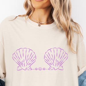Comfort Colors® Custom Seashell Bra T-Shirt, Cute Mermaid Summer Tee, Beach Vacation Top, Minimalist Mermaid Bra Shirt, Girls Trip Cover Up