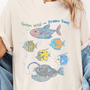 Comfort Colors® Colorful Hand Drawn Fish Shirt, Swim Wild Dream Deep Tee, Ocean Tropical Fish Species, Boho Adult Tee, Marine Biologist Gift
