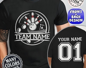 Pode incluir: Camiseta preta com um gráfico de boliche branco na frente, com pinos, uma bola e o texto "TEAM NAME". A parte de trás da camisa exibe "YOUR NAME" e o número "01" em branco. É um item personalizado.