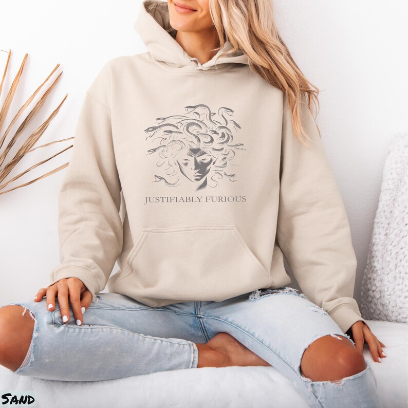 Justifiably Furious Medusa Shirt, Bold Greek Mythology Tee for Feminist Rage, Retro Style Empowerment Gift for Warrior Women Sweatshirt & Hoodie, justifiably furious, not going back gift, empowerment warrior, cool casual activist, feminist furious tee, vintage angry woman, feminist icon hoodie, protest rage rights, bold anti-trump wear, retro handmaids tale, medusa scream shirt, fuck the patriarchy, greek mythology tee