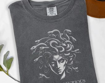Justifiably Furious Medusa Comfort Colors Shirt, Bold Greek Mythology Tee for Feminist Rage, Retro Style Empowerment Gift for Warrior Women