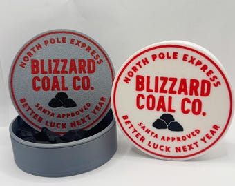 Christmas Coal Tin – 3D Printed Blizzard Coal Co. Gag Gift • Naughty List Stocking Stuffer (Silver/White)