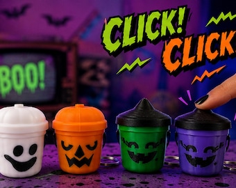 Boo Bucket Fidget Clickers - Halloween Bucket Clicker Keychain | 90s Halloween Fidget Toy | Spooky Mini Pail Clicker | Ghost Pumpkin Witch