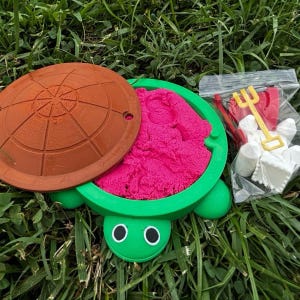 May include: A green turtle-shaped sandbox with a pink sand-like material inside. The lid is brown and has a circular design. The sandbox comes with a set of plastic tools, including a rake, shovel, and molds.