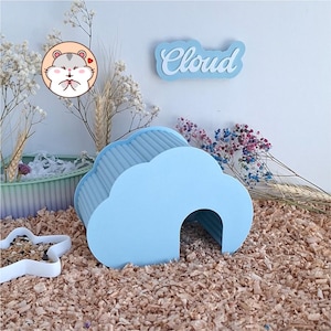 May include: A light blue cloud-shaped pet hideout with a ribbed tunnel structure and a single arched entrance. The hideout features a matching light blue wall sign with the word Cloud in white script lettering and a circular hamster graphic.