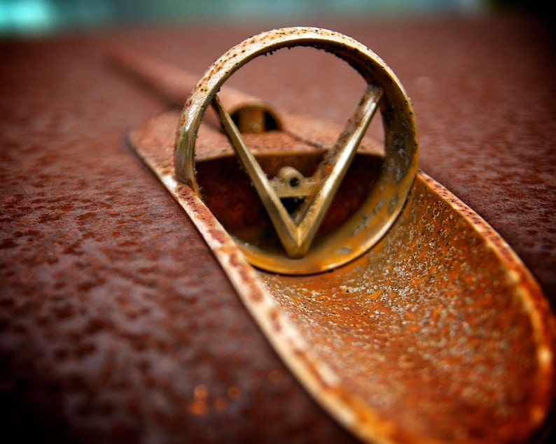 V Car Emblem, Hood Ornament, Rusted Metal, Antique Car Art, Rustic