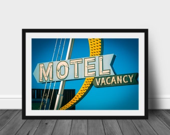 Las Vegas Motel Sign, Vacancy Sign, Neon Sign, Mid Century Modern Art, Digital Art Print, Retro Wall Art, Vintage Prints, Blue Background