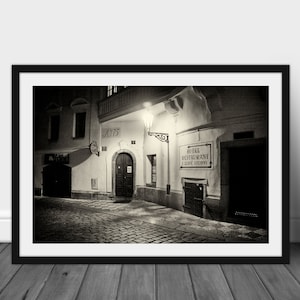 Prague Night Print: Black and White Cobblestone Street Photography