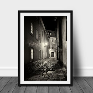 Streets of  Prague #2, Prague Print, Czech Republic, Cobblestone Street, Night Photo, City Street, Urban Art, Black and White Photography
