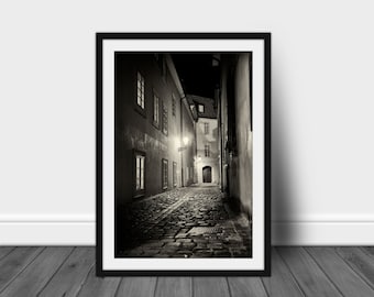 Prague Night Photography Print: Cobblestone Street, Czech Republic