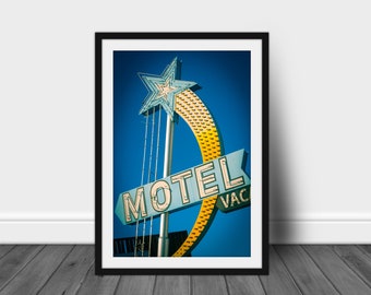 Las Vegas Motel Sign, Vacancy Sign, Neon Sign, Mid Century Modern Art, Digital Art Print, Retro Wall Art, Vintage Prints, Blue Background