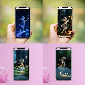 May include: Four smartphones displaying glowing illustrations of a girl in a fantasy setting. Each phone shows a different scene: a starry night, a forest with a butterfly, a meadow, and a field of flowers. The phones are held in hands.