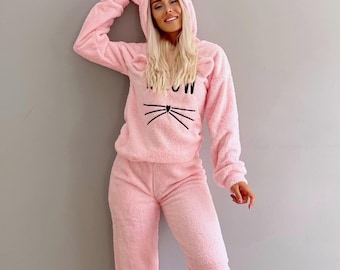 Meow Cat Print Fleece Pajama Set - Women's Plush Loungewear
