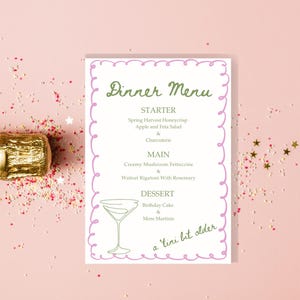Dinner Party Menü, A 'Tini Bit Older Party, Martini Geburtstagsparty Menü, bearbeitbare Vorlage in Canva