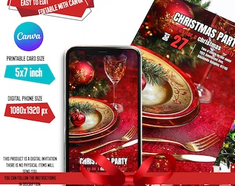 Pode incluir: Um convite digital para uma festa de Natal. O convite apresenta um fundo vermelho com detalhes dourados e uma árvore de Natal festiva. O texto do convite diz "Christmas Party" e "Join us for a Christmas party." A data da festa é 27 de outubro.