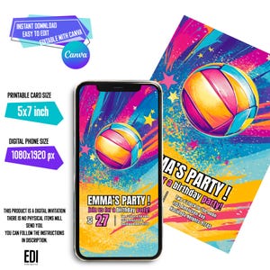Beach-Volleyball-Geburtstags-Einladung, Mädchen Sport einladen, Beach-Volleyball-Geburtstags-Party Einladung, digitale & druckbare 5 x 7 Einladung