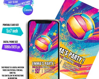 Volleyball Birthday Invitation, Girl Sports Invite, Beach Volleyball Birthday Party Invitation, Digital & Printable 5x7 Invitation