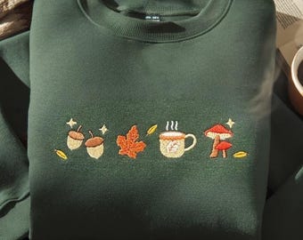 Przytulna bluza z haftowanymi jesiennymi liśćmi, upiorny jesienny okrągły dekolt, koszula Coquette Pumpkin Spice, jesienne bluzy damskie, prezent dla niej